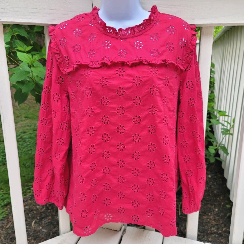 New! J.Crew sz Large L Ruffleneck Eyelet-Yoke Top in Berry Red NWT
